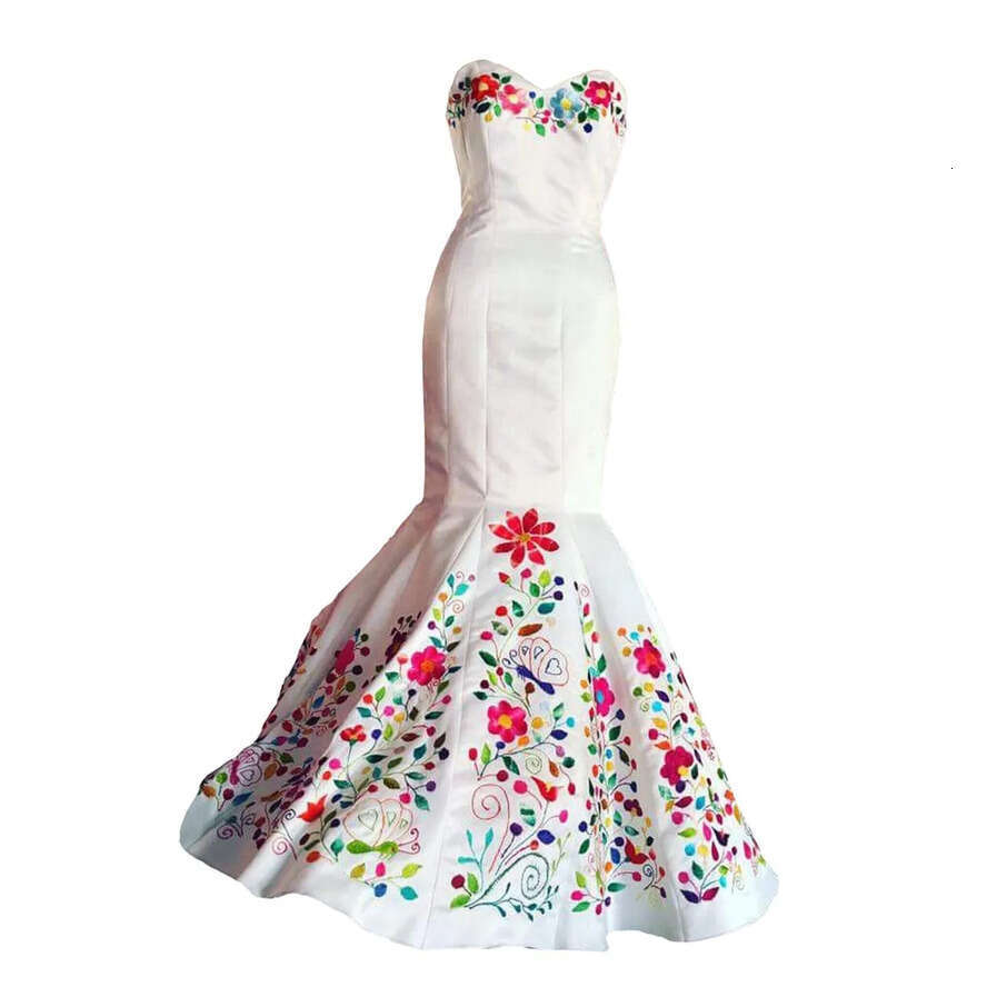 2022 Vintage Mexican UPS Embroidered Wedding Dress Chic White Satin Sweetheart Top Corset Back Formal Dresses For Bride es