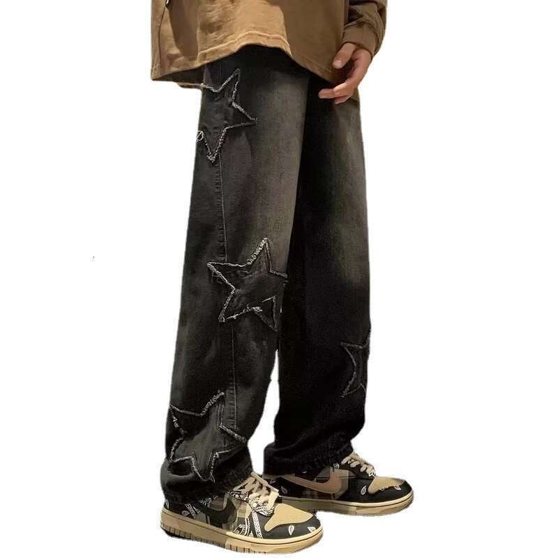 American Style High Street Design Sense, Star Distressed Denim Pants, Men's American High Street Trend Versatile Loose Straight Leg Pants