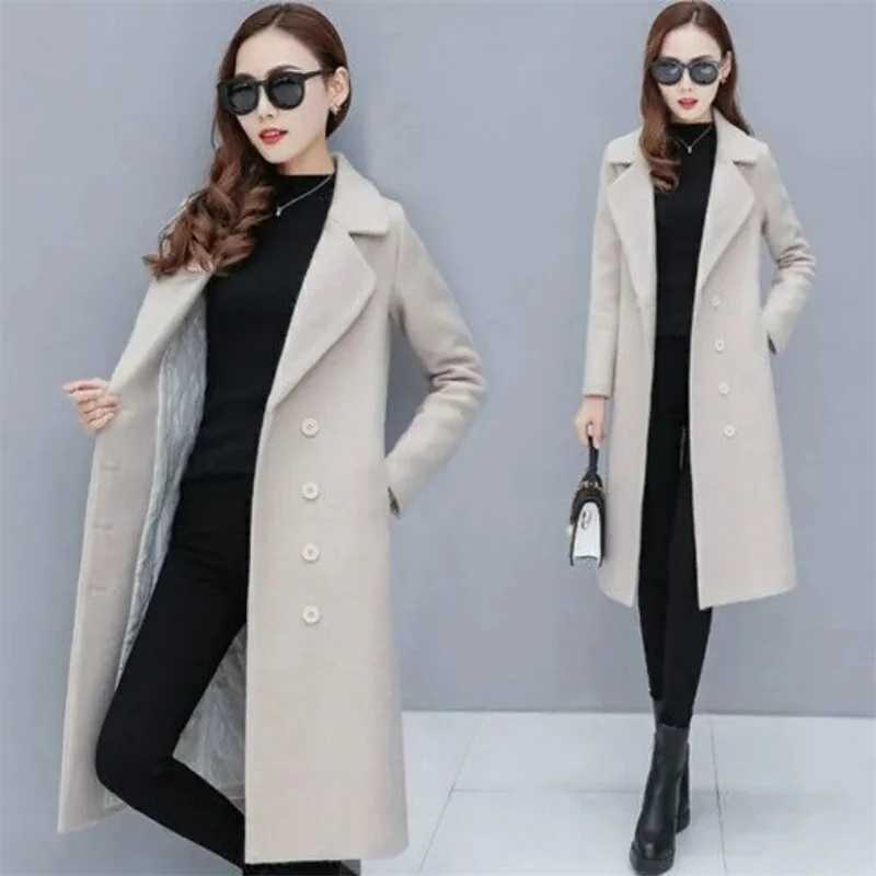 Female Woolen Coat Velvet 2023 Womens Double-Breasted Woolen Coat Spring and Autumn Woolen Coat Fashion Suit Collar ThickTrenchX241009