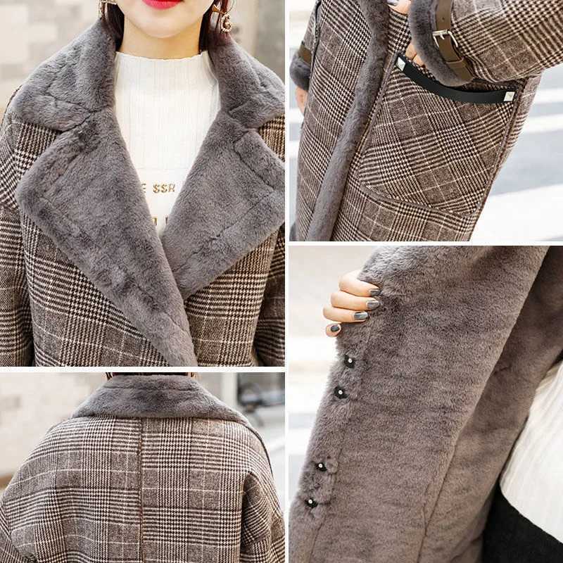 Plaid Faux Leather Fur Parka Coat Women 2021 Autumn Winter New Lamb Fur Female Overcoat Add Velvet To Keep Warm OuterwearX241009