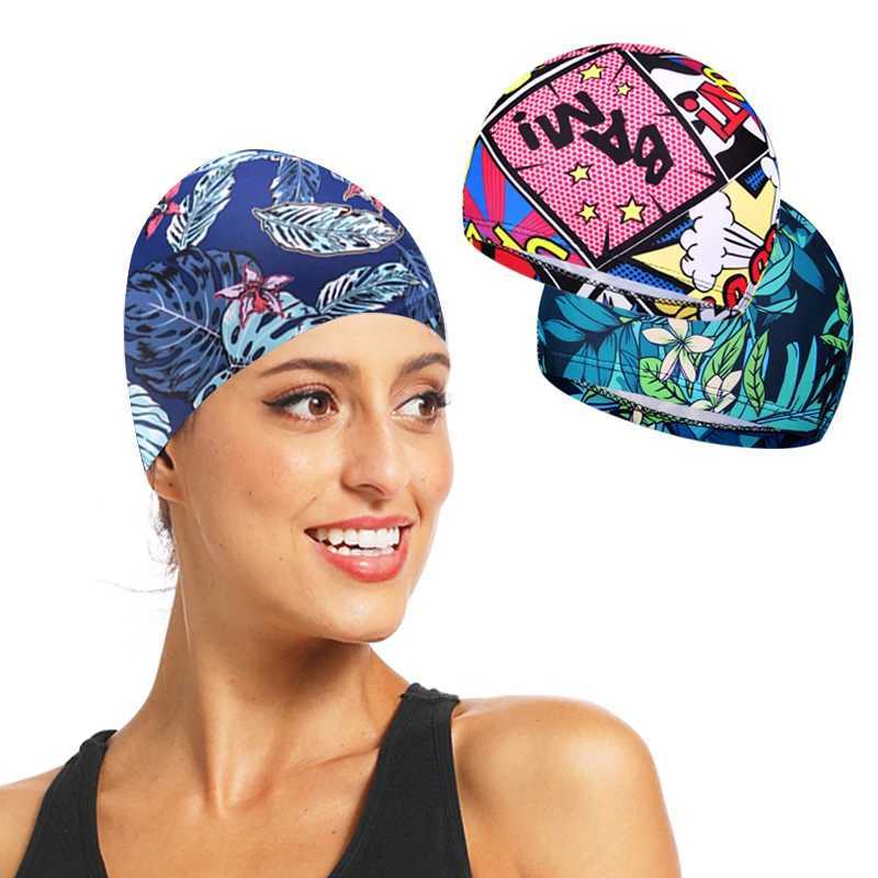 Newly printed mens swimming cap womens long hair swimming pool cap sports adult protection ear nylon childrens swimming cap cover CL241009