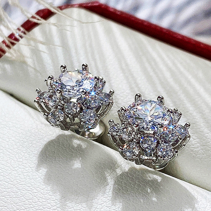 925 Sterling Silver Gold Plated Shiny Diamond Stud Shiny Crystal Flower Women's Stud Earrings Exquisite Full Diamond Zircon Earrings Exquisite Gi