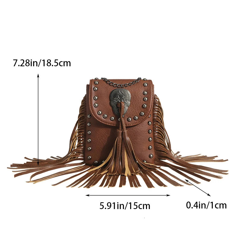Punk shoulder bag tassel studded leather shoulder bag suitable for European and American womens wallet travel 241008