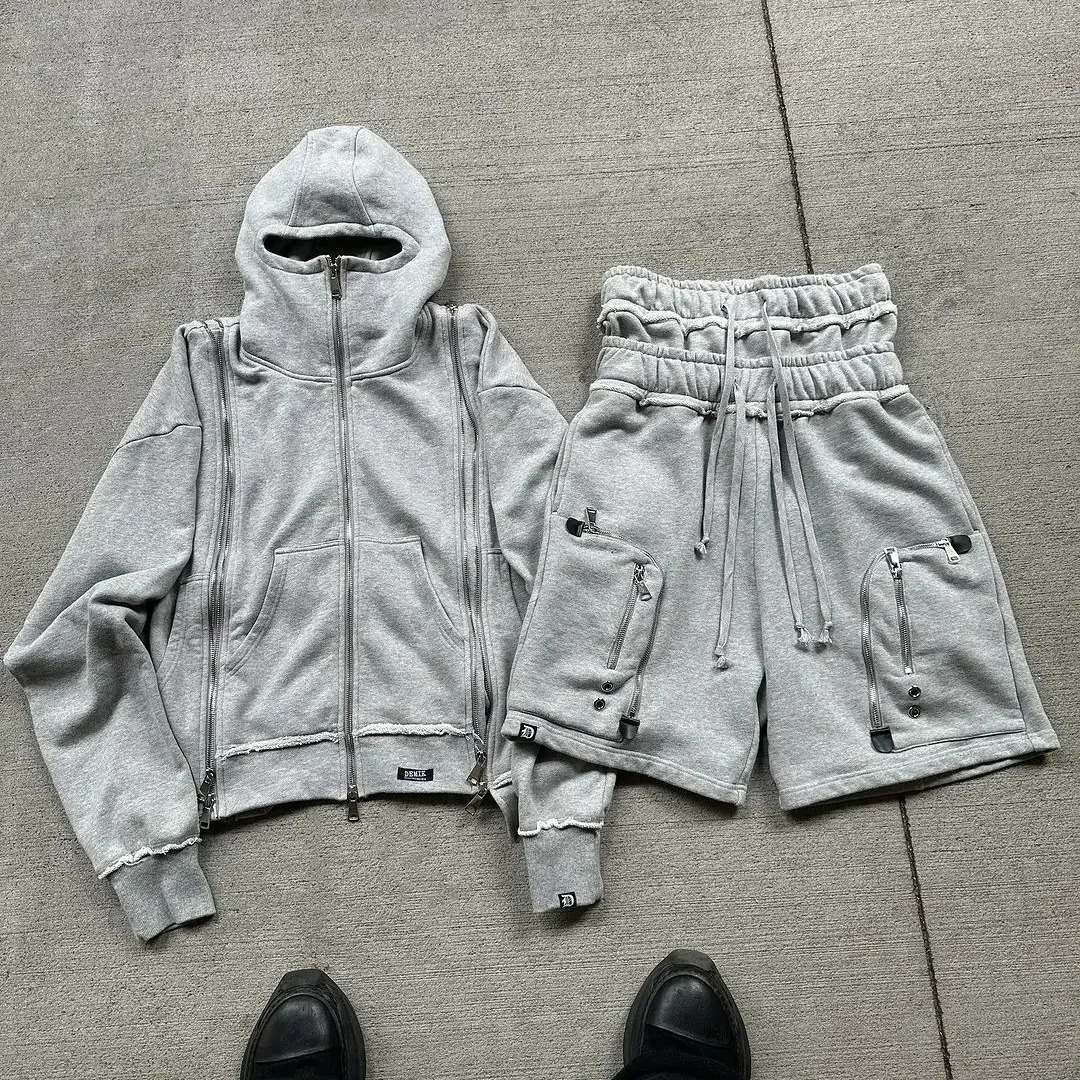 American Gothic Multi Zipper Hoodie Set Double Waist Shorts Mens Y2K Work Clothes Style Casual Two Piece Basketball Street Clothes 241009