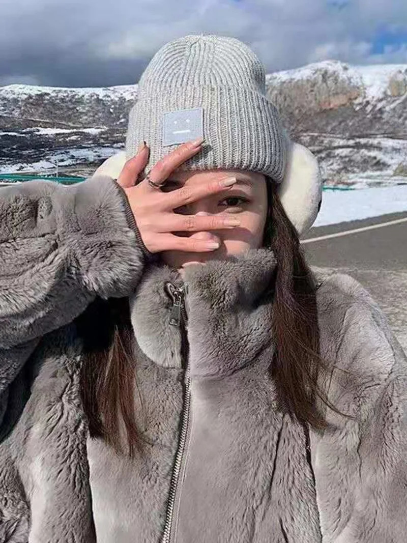 Plush jacket womens winter Rex rabbit fur medium long loose thick hooded womens jacket Ins 241007