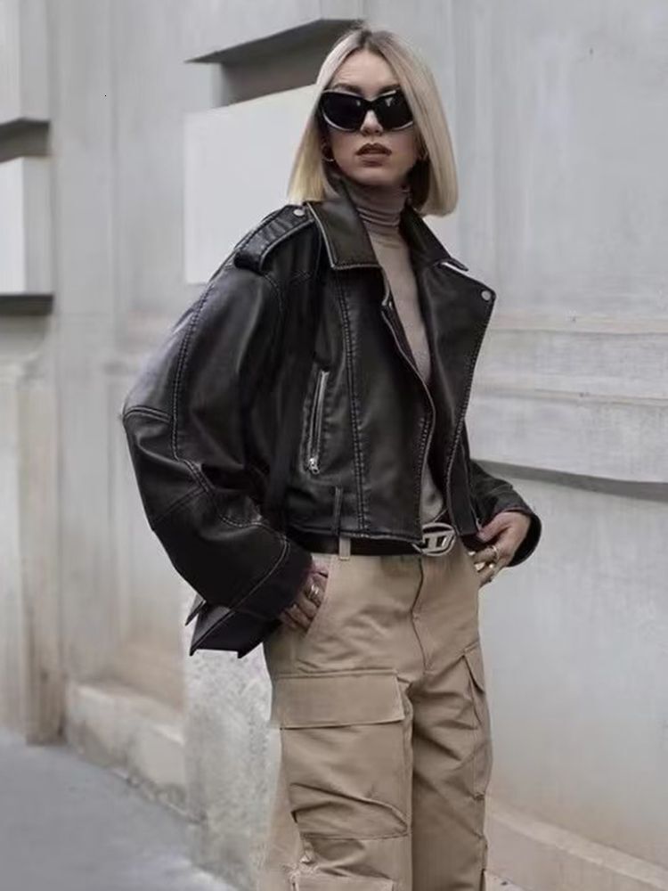 ZACK RAIN Women With Belt Washed Gradient Leather Jackets 2023 Fall/Winter Ladies Coat Vintage Solid Color Loose Female Outwear