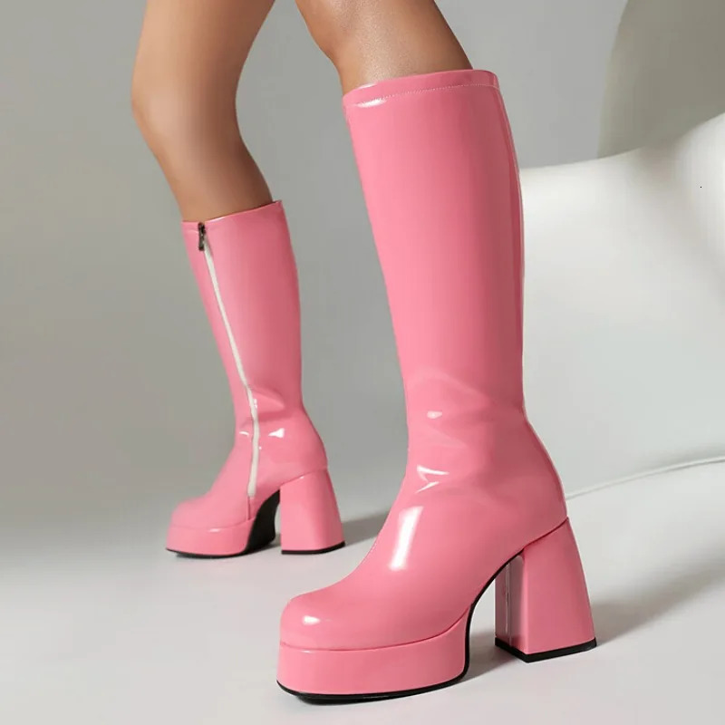 Ochanmib Thick High Heels Solid Color Knee Boots Womens Platform Orange Pink Purple Green Gothic Boots Party 241007