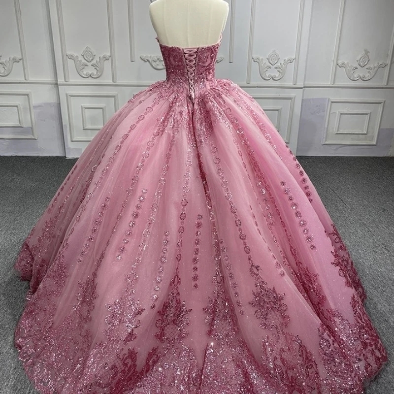 Luxury Pink Glittering Sweetheart Quinceanera Dresses Off Shoulder Sequin Applique Lace Beads Tulle Vestidos De 15 Anos Sweet 16 Dress