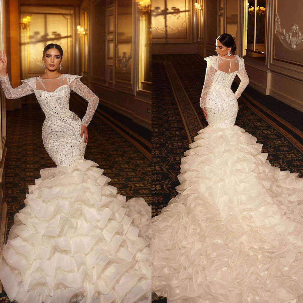 Gorgeous Wedding Dresses Mermaid O-Neck Crystals Beading Long Sleeve Princess Bridal Gown Vestido De Novia Customized 0228Lz