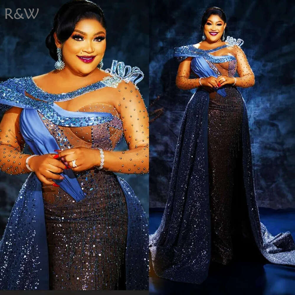 R&W 2024 Plus Size Blue Prom Dress With Detachable Train Mermaid Promdress Evening Formal Long Sleeves Sheer Neck Sequined Lace Beading Reception Gown