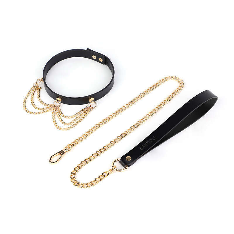 High end SM prop, gold chain, genuine leather collar, SM tuning, choker, female slave, traction neck cover, adult product