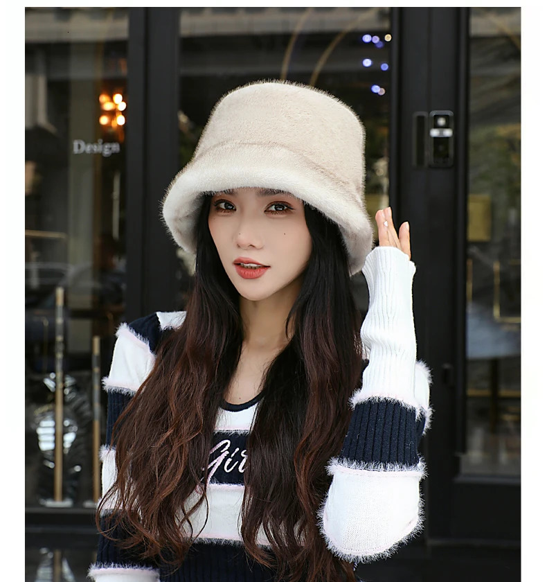 mink bucket elegant womens winter hat n fashionable faux fur knitted warm bean 241009