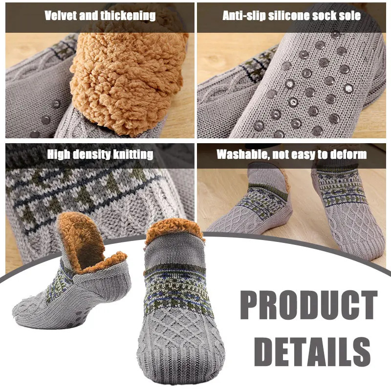 Indoor printed slippers mens thick floor mens socks winter warm bedroom sleep hose anti slip womens wool carpet socks 241009