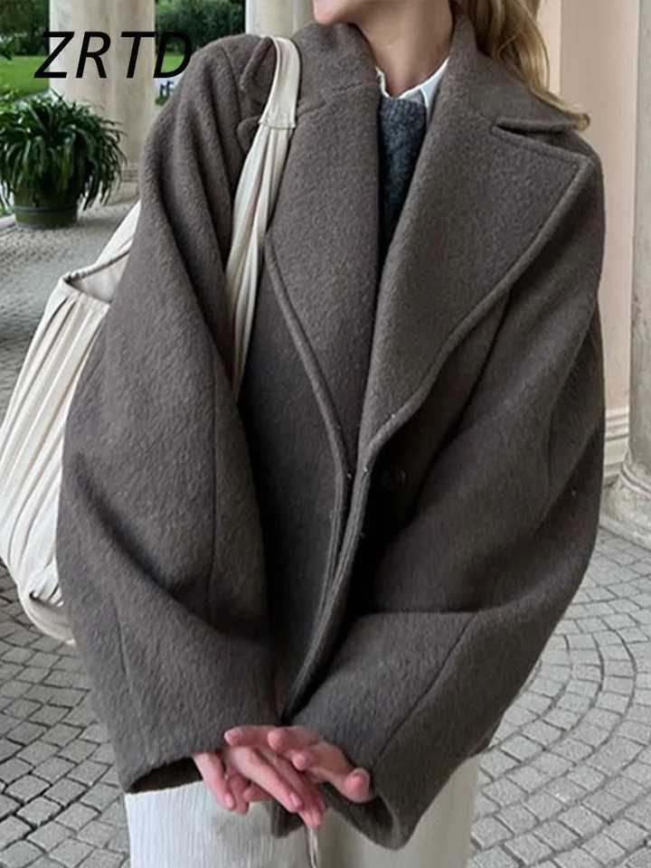 Elegant Faux Woolen Coats Women Lapel Long Sleeve Single Breasted Pocket Jackets 2024 Autumn Winter Lady Chic Loose Gray OutwearX241009