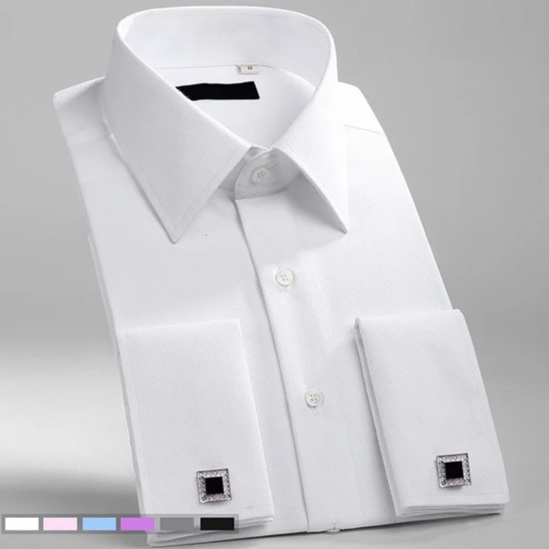Mens Classic French Cuff Social Dress Formal Business Standard Fit Long Sleeve Wedding Office Work White Shirt 241009