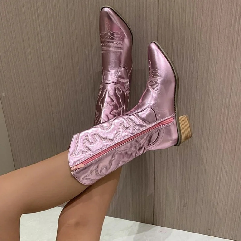 Cowboy suit womens shiny metal womens embroidered knee high slim high heels pink slippers 240923