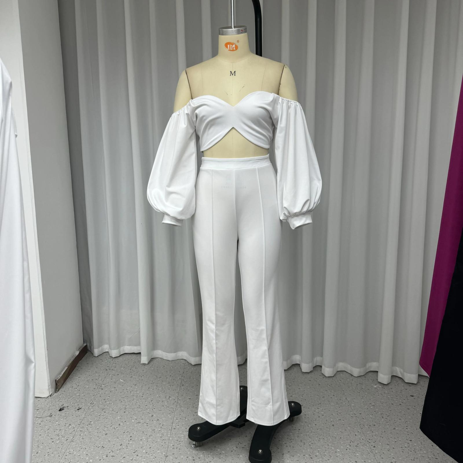 Wefads twopiece womens summer casual fashion solid shoulder light cover backless short top loose tight pants set 241008