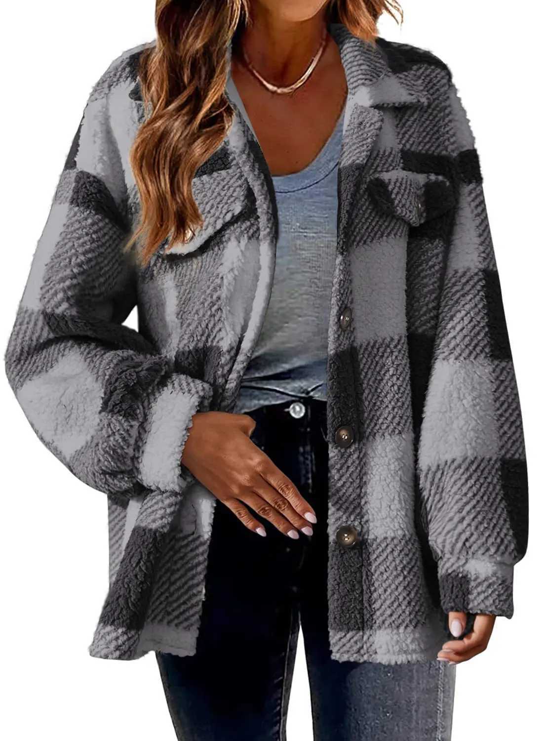 2023 Autumn and Winter Womens New Fashion Loose Casual Pocket Plaid Lamb Fleece Jacket Button Plush Comfortable Versatile CoatX241009