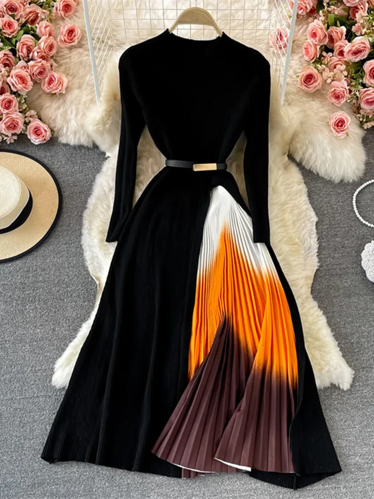 Autumn and Winter Womens Gradient Color Patchwork Sweater Elegant Long Sleeve Midi Knitted Party Vest with Belt 241007