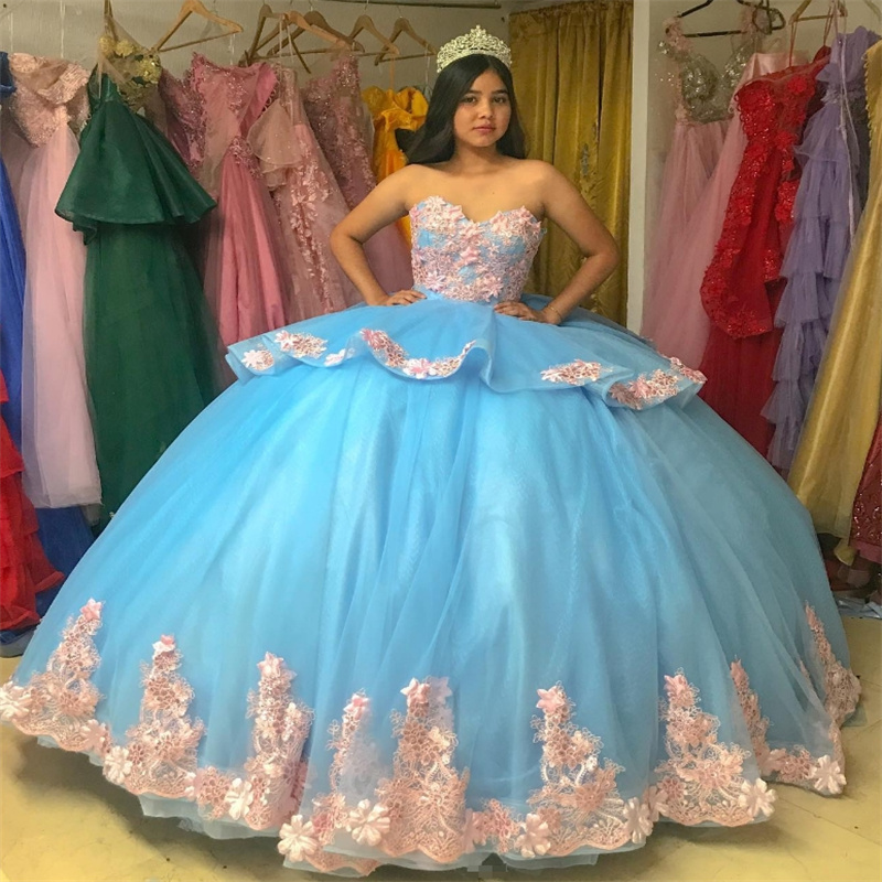 Stunning Charro Quinceanera Dresses Blue And Pink Elegant 3D Florals Sweetheart Lace Vestidos De Xv Anos Charming Ballkleider Vestido De Debutante 15 