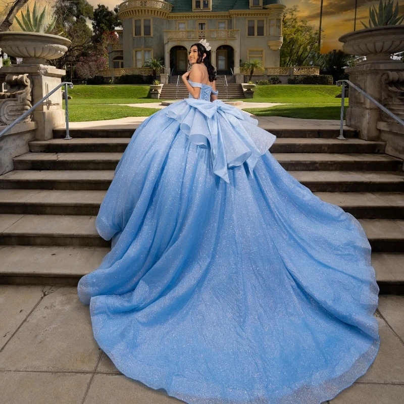 Sky Blue Shiny Ball Gown Quinceanera Dresses Ruffle Princess Off The Shoulder BeadsTulle Vestidos De 15 Anos Birthday Party Sweet 16 Dress