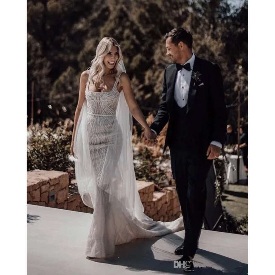 Neck Square Dresses Mermaid Lace Sequins Beads Sexy Backless Beach Wedding Dress Sweep Train Bridal Gowns Boho Vestidos De Bc 6660311