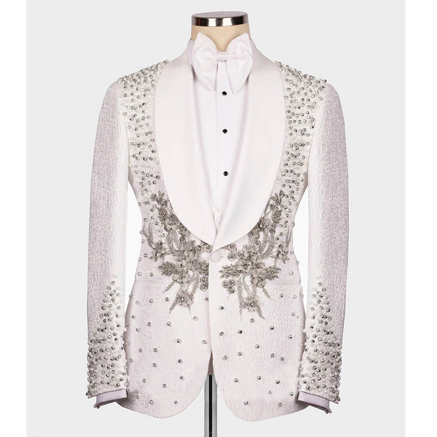 Floral Pattern Mens Wedding Tuxedos Pearls Shawl Lapel Custom Made Jacket Pants Suits 2 Pieces Birthday Party Prom Groom Wear