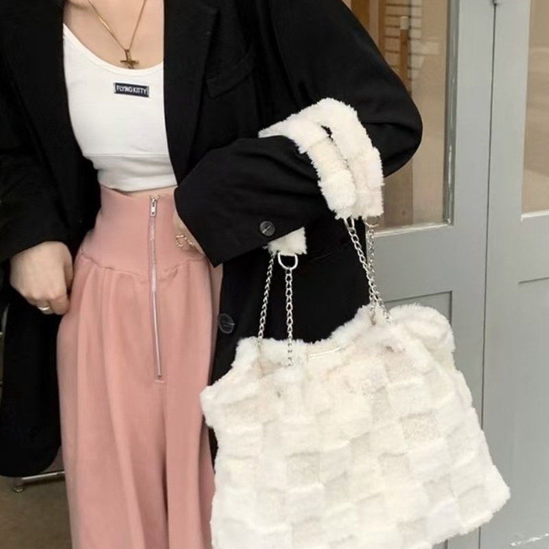 Small white plush bag women's shoulder bag casual Tote bag Student autumn and winter large capacity bag all-in-one underarm bag