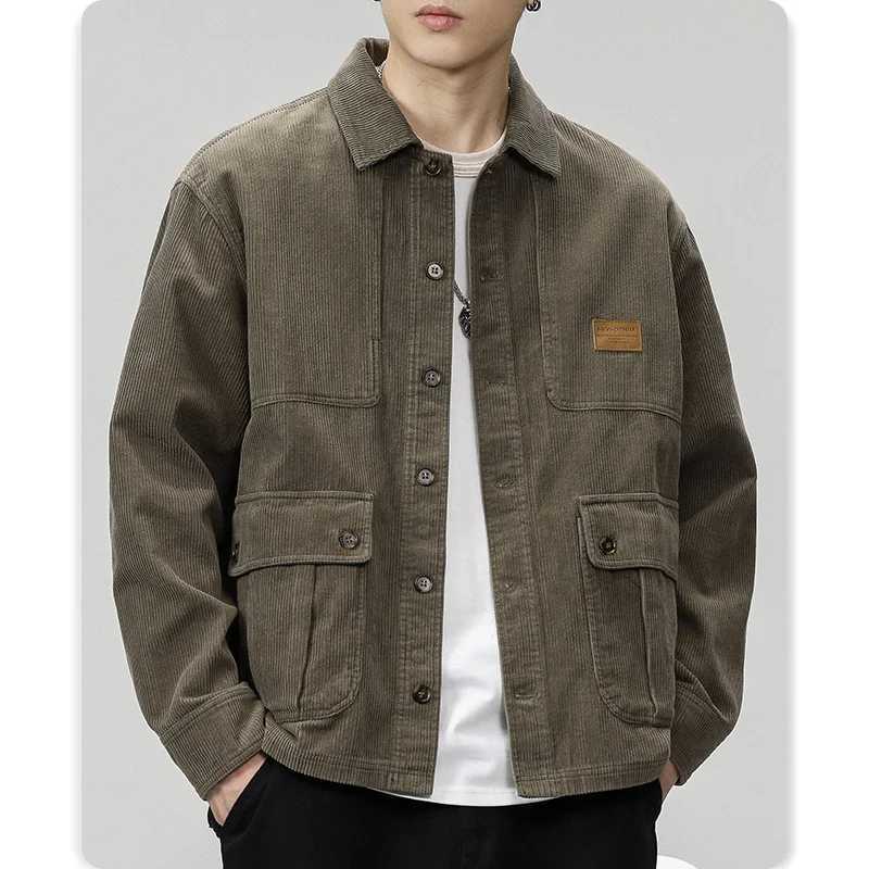 Mens fashion vintage corduroy coffee color cargo shirt casual loose coat LX241009