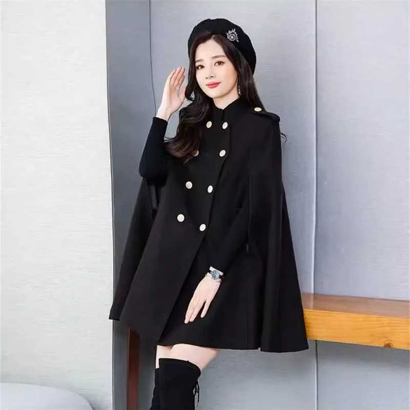 High End Fashion Vape Woolen Coat Womens Mid Length Autumn Winter Double Breasted Korean Version Loose Shawl Outerwear FemaleX241009