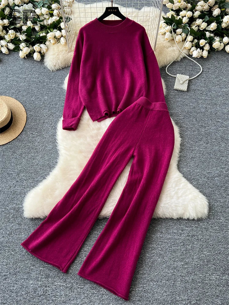 SINGREENY Fashion Split Cashmere 2piece Womens Oneck ZipperWide Leg Pants Autumn Thick Casual Knitted Set 241009