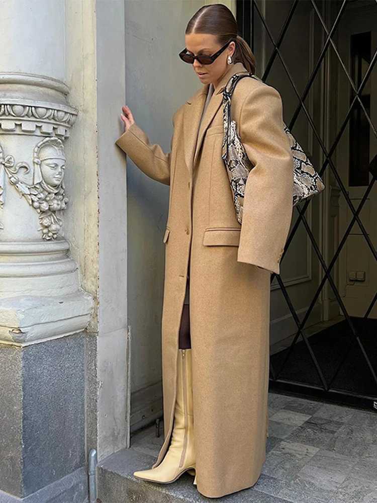 Vintage Single-Breasted Thick Long Coats Women Casual Loose Solid Slit Pockets Woolen Maxi Coat Lady Winter Chic Street OutwearX241009