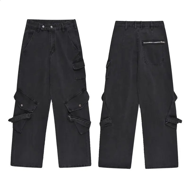 Autumn hip-hop retro men and women fashion personality multi pocket workwear jeans street loose casual wide leg pants Y2K 241007