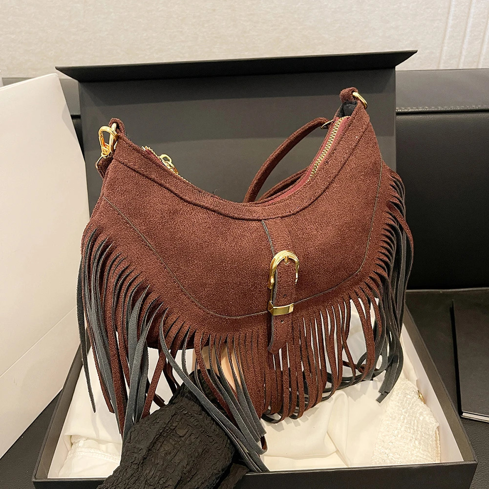 Edge Tramp Bag Adjustable Shoulder Straps Womens PU Leather Underarm Wallet Retro Cross Body Bag Tassel Wallet Travel Bag 241008