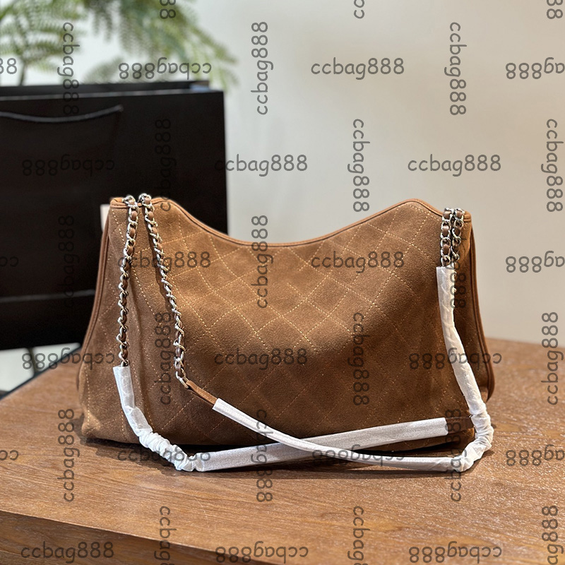 French Women Vintage Jumbo Quilted Brown Suede Nubuck Rubbed Shoulder Bag Cowhide Leather Silver Metal Matelasse Chain Crossbody Designer Handbag 33CM 39x12x30cm