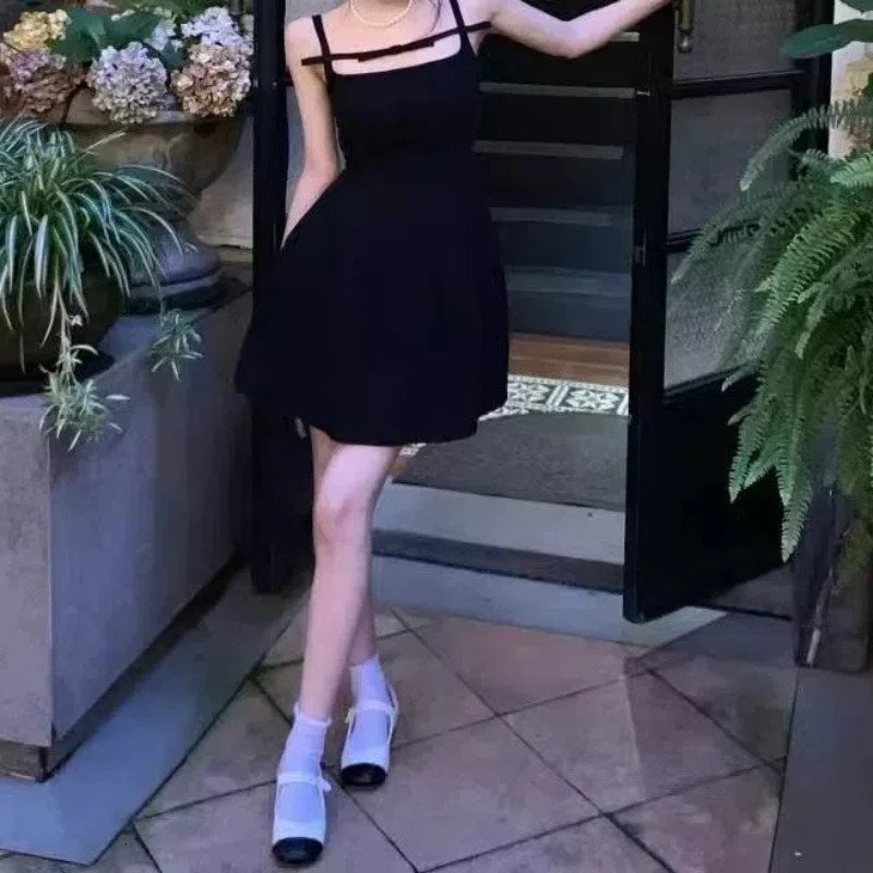 Full matching summer solid color pullout womens clothing Camisol slant neck mini skiing ALine aesthetic Korean fashion dress 241007