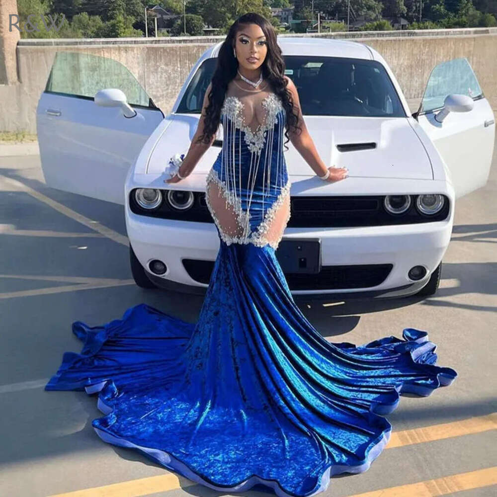 R&W 2024 Royal Blue Prom Dresses Special Ocns Illusion Mermaid Promdress for Black Girls Veet Beading Lace Tassel Birthday Dress Second Reception Gown