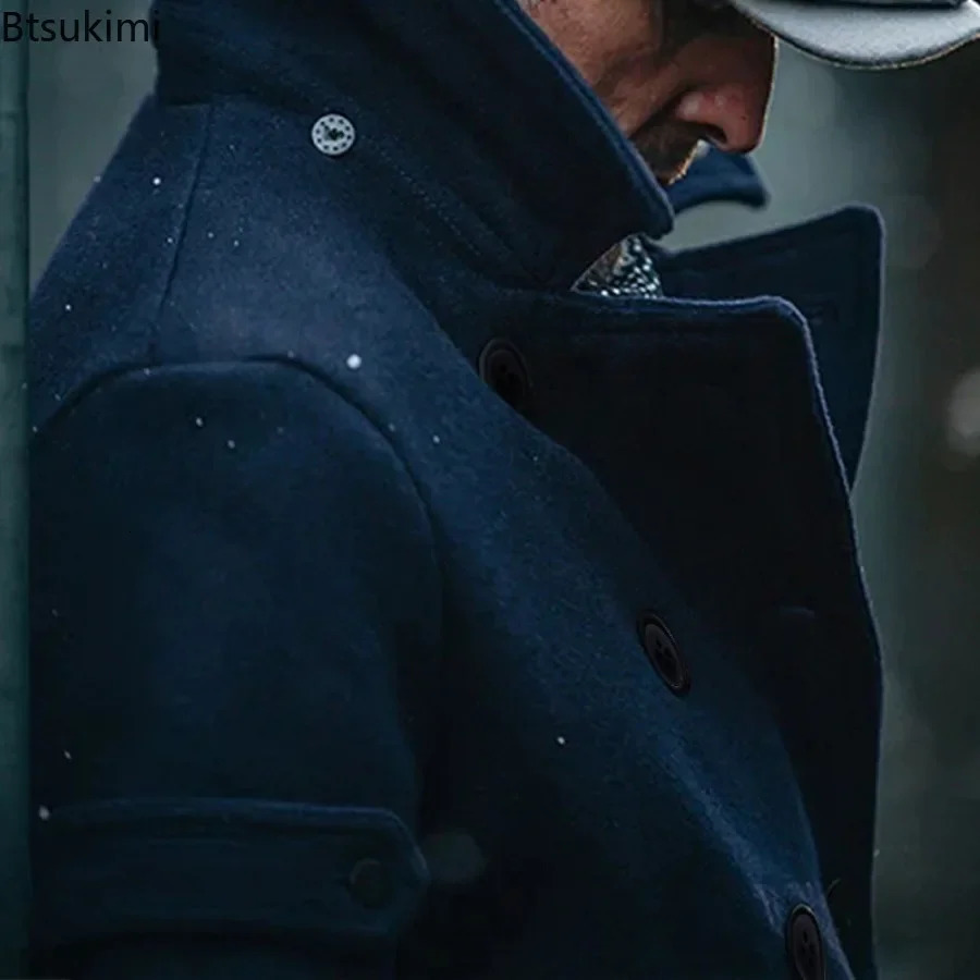 Mens thick and warm British wool coat autumn winter lapel button long sleeved pocket jacket mens clothing 241007