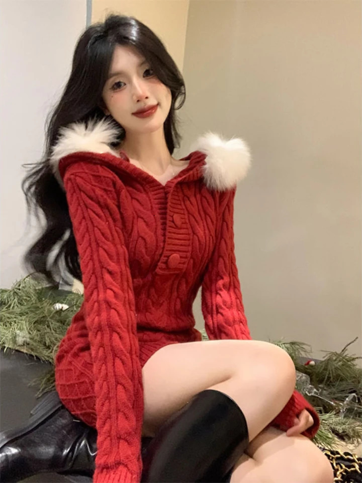 Winter Knitted Sweater Dress Hooded Womens Ultra Thin Body Y2k Mini Artificial Fur One Piece Korean Elegance 241007