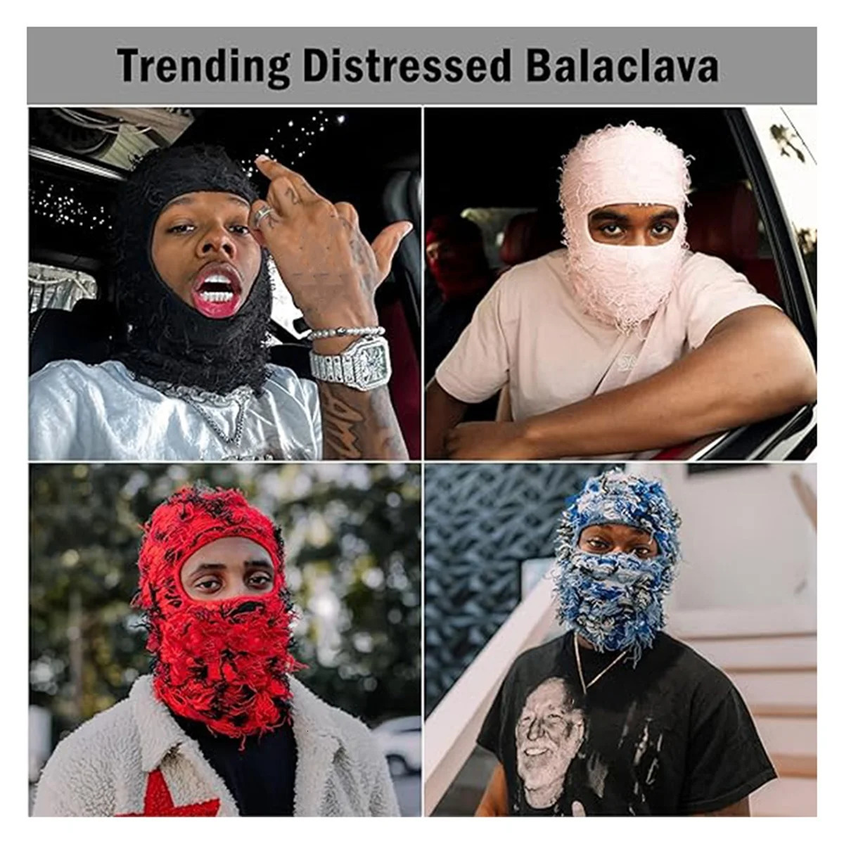 Distressed Ski Mask Full Face Knitted Blur Yeat Shiesty Distress Men and Women White 241009