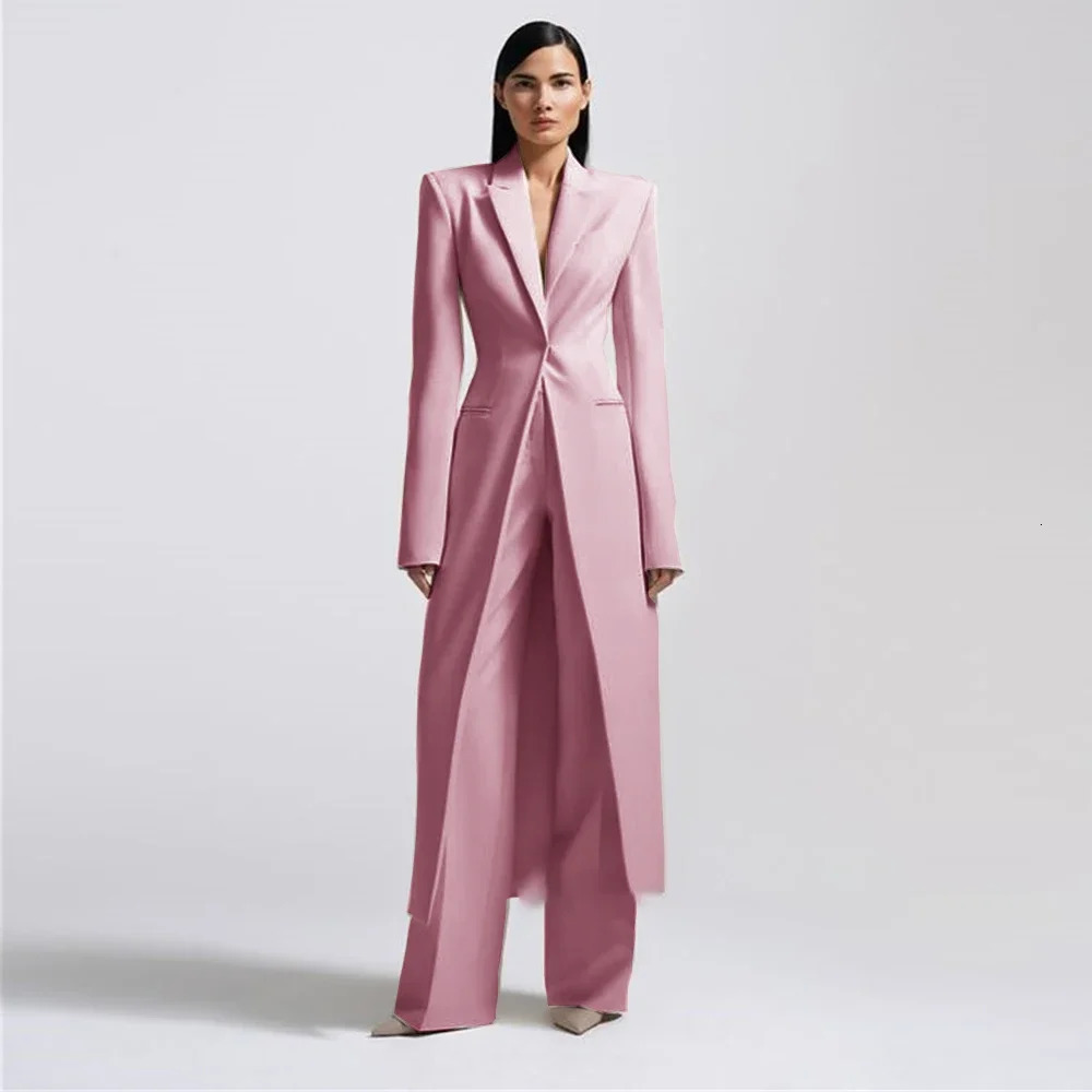 Highend Women Pants Sets Office Lady Formal Slim Fit 2 Piece Fashion Lapel One Button Long Coat Solid Color Custom Suits 241009