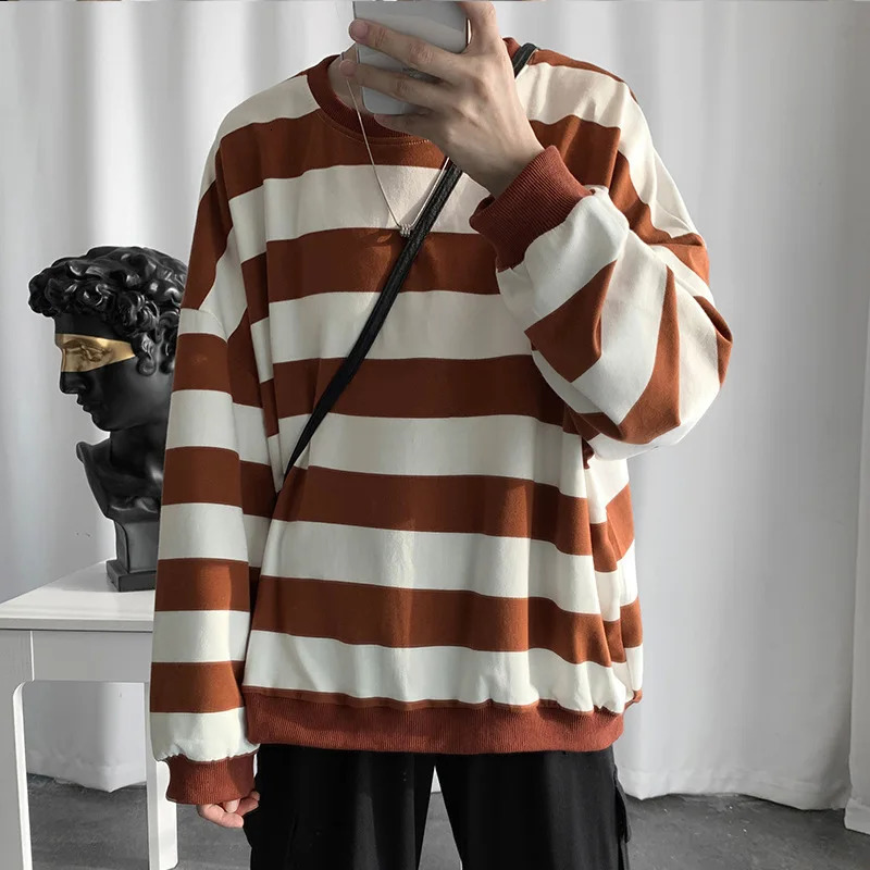 Spring Autumn Mens Fashion Striped Tshirt Youth Round Neck Long Sleeve Bottomed Shirts Pullover 241009