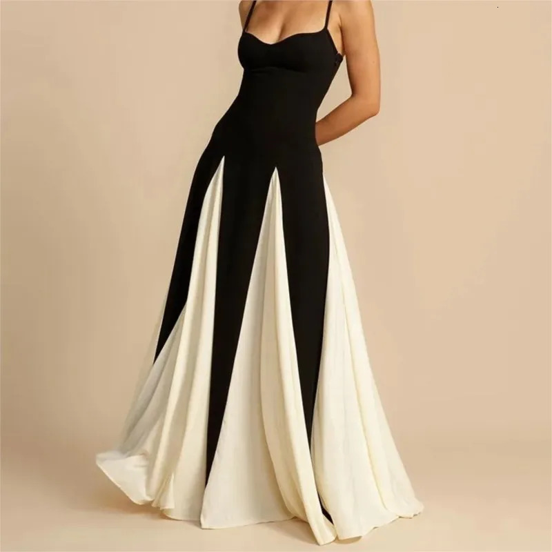 Black and white spliced spaghetti strap dress with pleated Maxi showcasing style womens fashion splicing sexy elegant party 241007