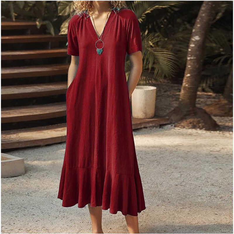 Casual Dresses 2024 New Women's Solid Color V-neck Lace-up Short Sleeve A-line Long Dress T241009