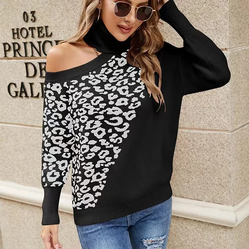 Autumn Knitted Womens Sweater Leopard Turtle Neck Cold Shoulder Warm Sweater Womens Winter Elegant Fashion Womens Wear 240927