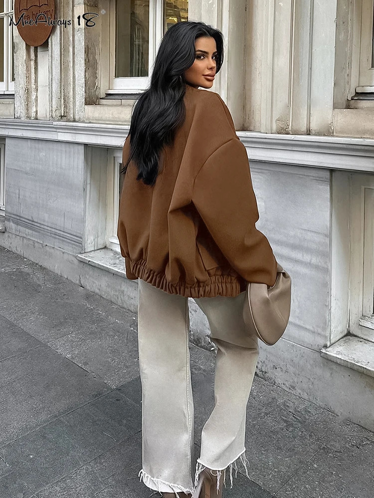 Mnealways18 Wool Warm Womens Brown Baseball Jacket Large Street Style Pocket Long Sleeve Top Autumn/Winter 240930