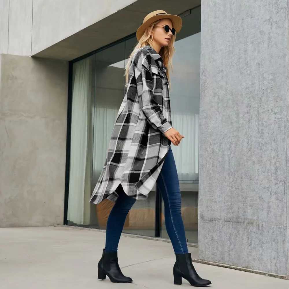 2024 New Autumn Shirt Coats Side Slit Lapel Loose Woolen Y2K Wool Trench Coat Women Long Sleeve Plaid Coat Pockets Shirt JacketsX241009