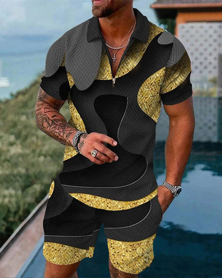 summer color printed mens track and field suit set casual zipper collar polo shirt and shorts 2-piece set fashionable mens clothing 240930