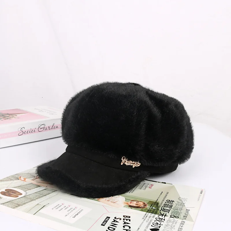 Womens autumn and winter mink hair windproof and warm retro octagonal beret 241007