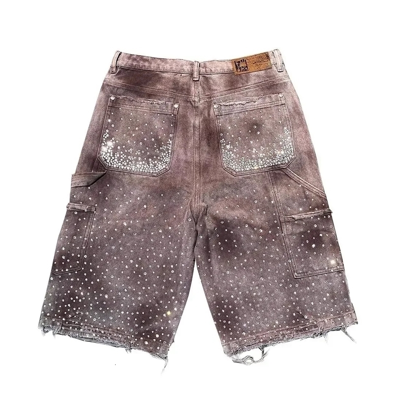 Gothic trend rhinestone pocket exquisite denim shorts mens y2k hip-hop personality style daily couple wide-leg pants 241008